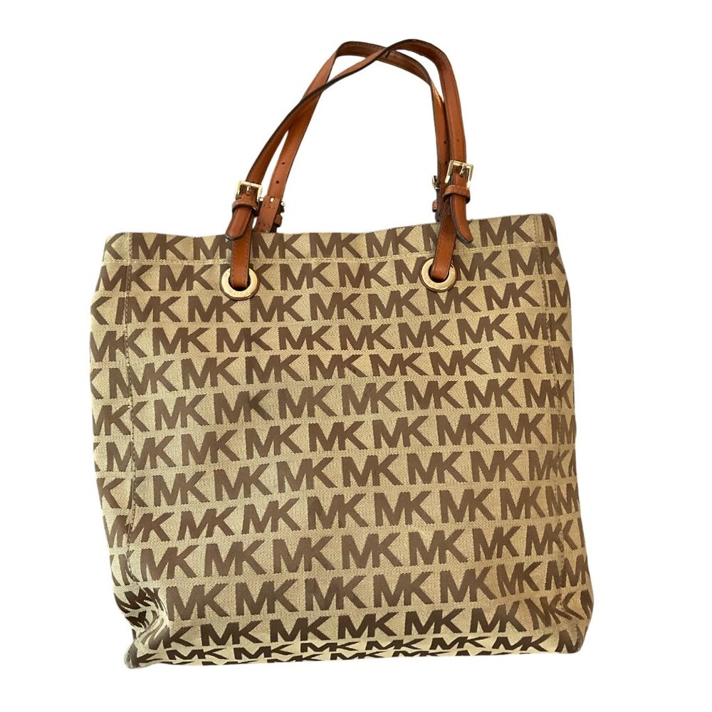 Michael Kors Signature MK Tote Bag With Tan Leather Straps & Spacious Interior